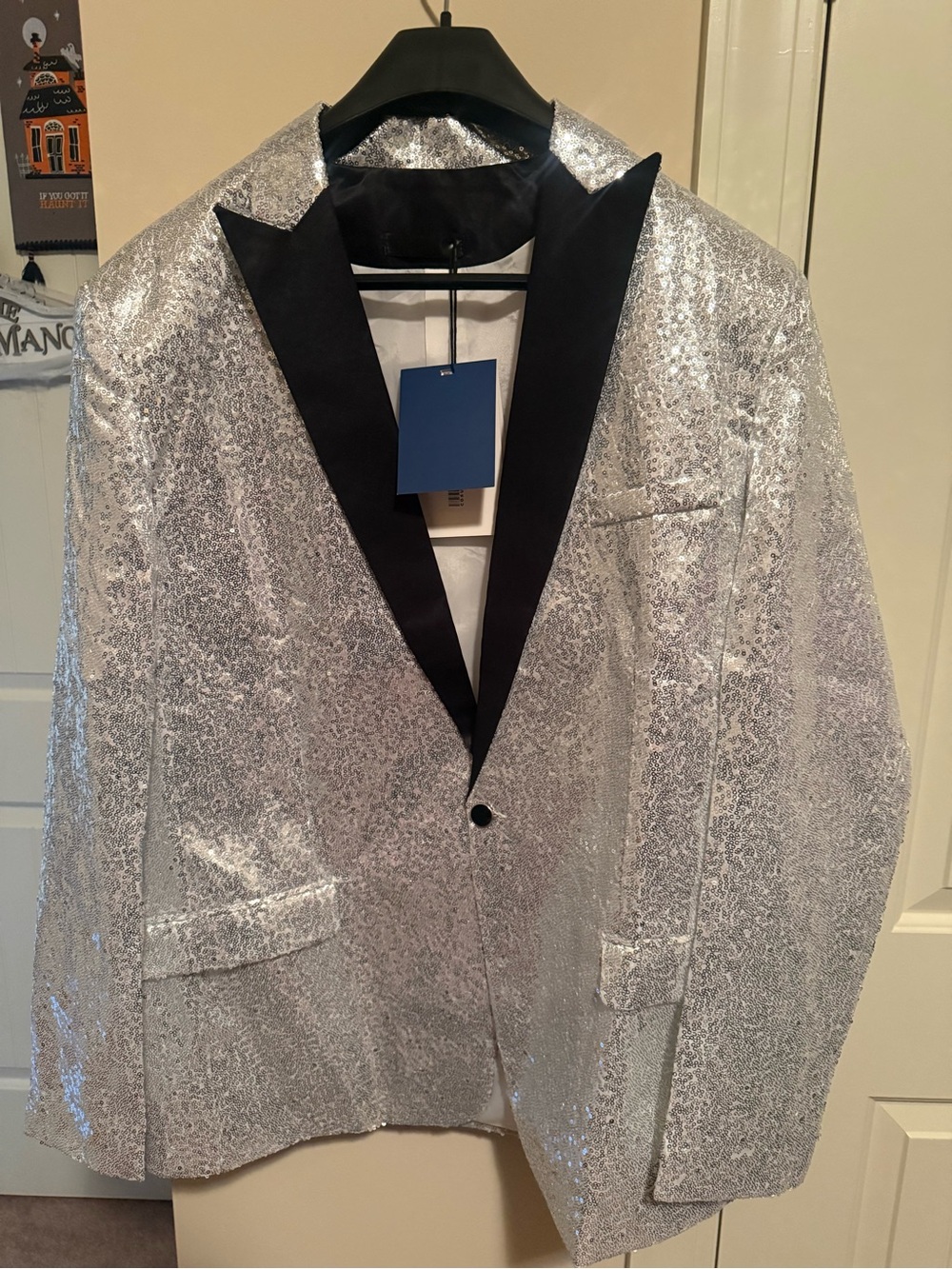 Silver Sequin Dinner Blazer with Black Satin Lapel